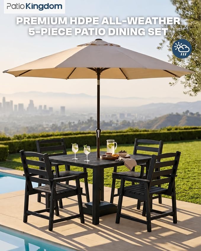 HDPE Outdoor Dining Set for 4, Armchairs, Black | All-Weather HDPE, Wood Grain Finish, 42.5" Square Table, Built-In Umbrella Hole, Seats 4, Patio & Poolside Ready