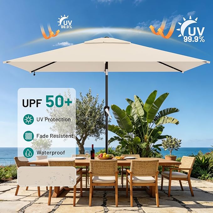 AreShark 6.5' x 10' Rectangular Patio Umbrella with Solar Lights, Solar Powered Lighted Market Umbrella w/Tilt and Crank, Outdoor Table Umbrella for Garden, Deck, Backyard, Pool, Cream-White