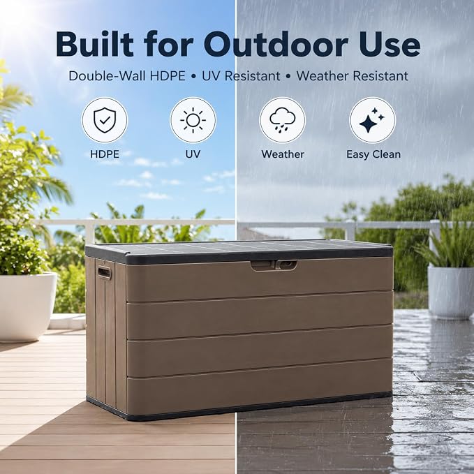 ADDOK 110 Gallon Outdoor Deck Box with Wheels, Large Waterproof HDPE Resin Storage Box with 2 Locking Casters, Lid Support Rod and Lockable Lid, Patio Cushion Storage Bench,Brown
