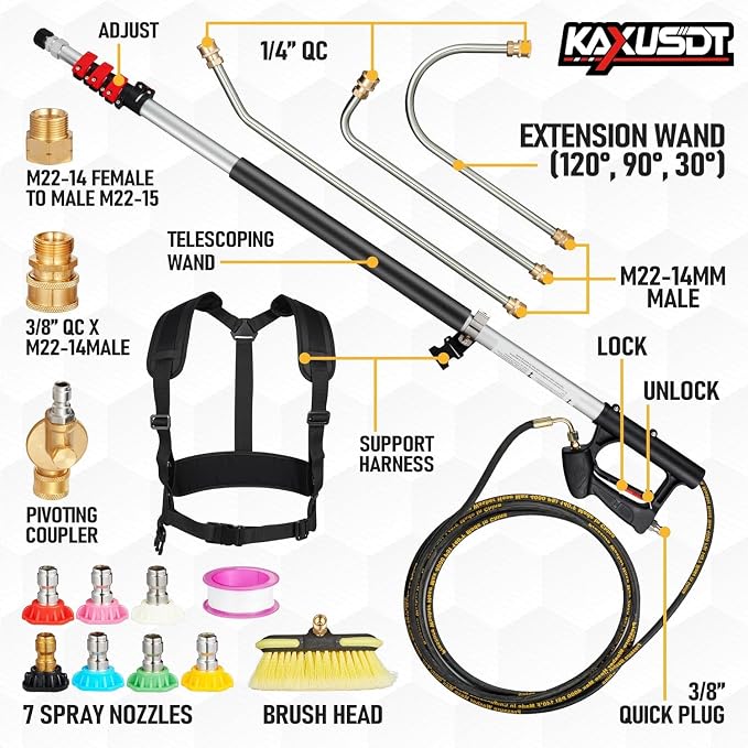 24 FT Pressure Washer Extension Wand, Power Washer Extension Wand with Gutter Cleaner Tools, Brush Head, 7 Spray Nozzle Tips, Support Belt and 2 Hose Adapters, Easy Cleaning from Ground