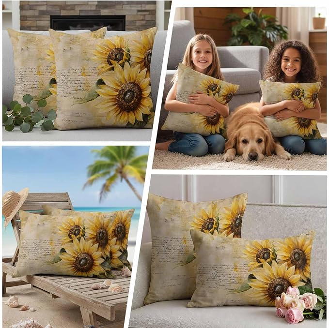 Retro Sunflower Outdoor Waterproof Throw Pillow Covers Set of 2, 26"x26", Pastoral Floral Painting Newspaper Background Decorative Pillow Covers Outside Cushion Case for Patio Porch Garden