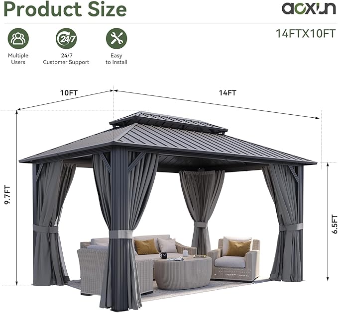 Aoxun 10Ft X 14Ft Hardtop Gazebo, Aluminum Metal Outdoor Gazebo with Breathable Netting and Curtains, Galvanized Steel Double Top, Permanent Patio Pavilion for Backyard, Wedding, Party