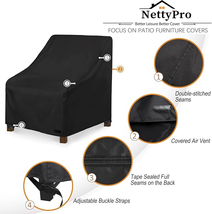 NettyPro Patio Chair Covers Waterproof Outdoor Furniture Swivel Recliner Rocking Lounge Deep Seat Cover, Fits up to 26"W x 28"D x 28"H, 2 Pack, Black