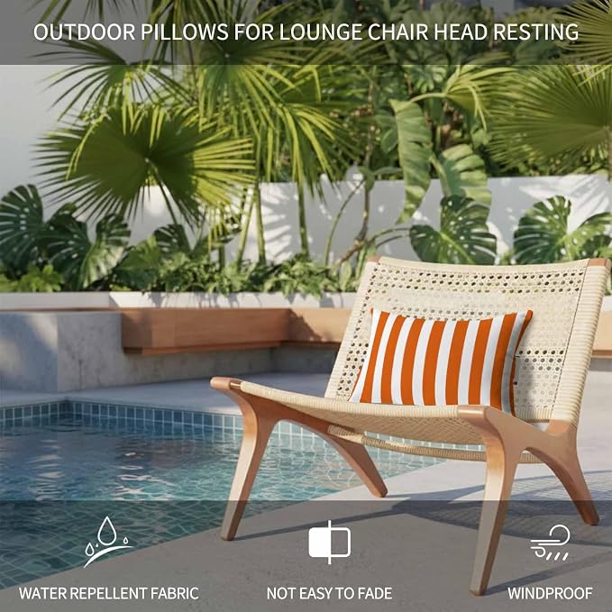 Burnt Orange Striped Outdoor Chaise Lounge Head Pillow with Insert,Thanksgiving Orange White Stripes Waterproof Headrest Lumbar Pillow Cusion Cover with Elastic Strap for Patio Recliner,12"x20"2PCS