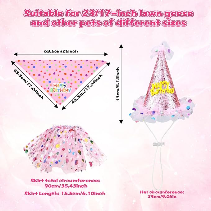 Porch Goose Outfits, Birthday Goose Outfits with Glitter Tutu Skirt, Birthday Hat and Bandana Valentine Porch Gooses Outfit for 23" 17" Outdoor Statue Patio Yard Lawn Art(Pink)