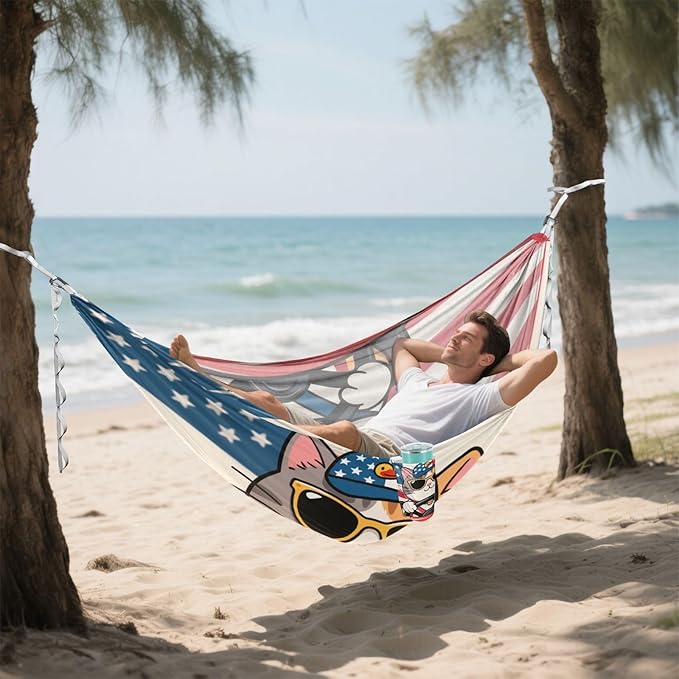 Cartoon Cute Yellow Cat 4th of July Independence Day 330lb Capacity Outdoor Hammock with Hanging Rope Cloth Hammock for Outside Patio Backyard Poolside hamaca de Algodon para Jardin
