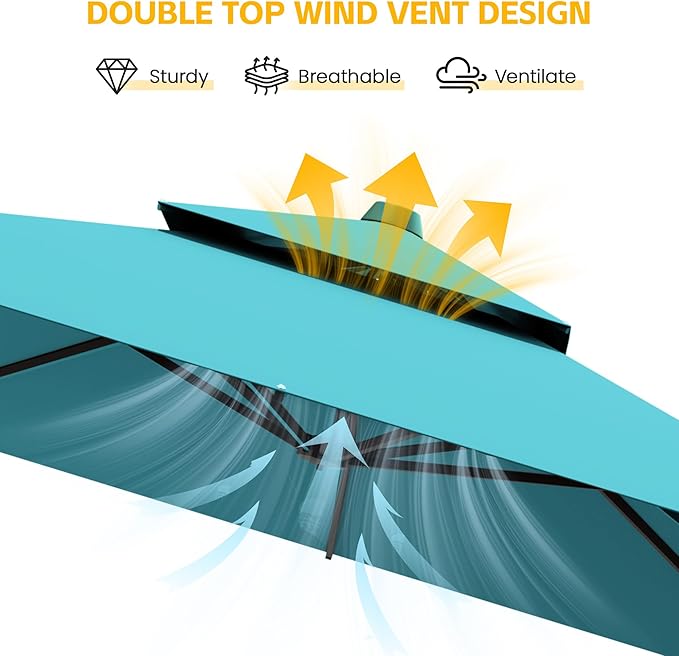 VEGOND 9x12 FT Patio Cantilever Umbrella with Base, Rectangular Heavy Duty Offset Umbrella for 6-8 People, 360°Rotation & Mult Tilt, Double Top Design, for Pool Garden Deck (Turquoise)