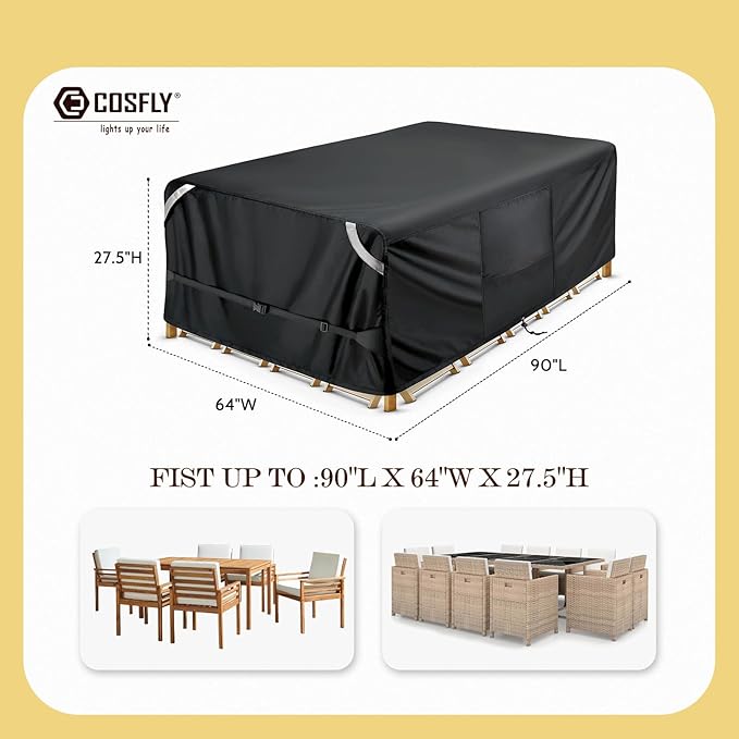 COSLFY Waterproof Patio Furniture Covers for Table and Chairs, Heavy-Duty 600D Oxford Outdoor Dining Set Cover with Drawstring, UV-Resistant All-Weather Protection, Fits 90L x 64W x 28H Inch(Black)