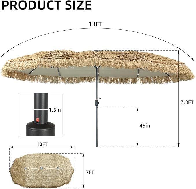 GDY 13/15 FT Tiki Outdoor Umbrella Patio Table Umbrella(Optional with Light or Base), Market Umbrella, with Crank for Garden, Lawn, Deck, Backyard & Pool