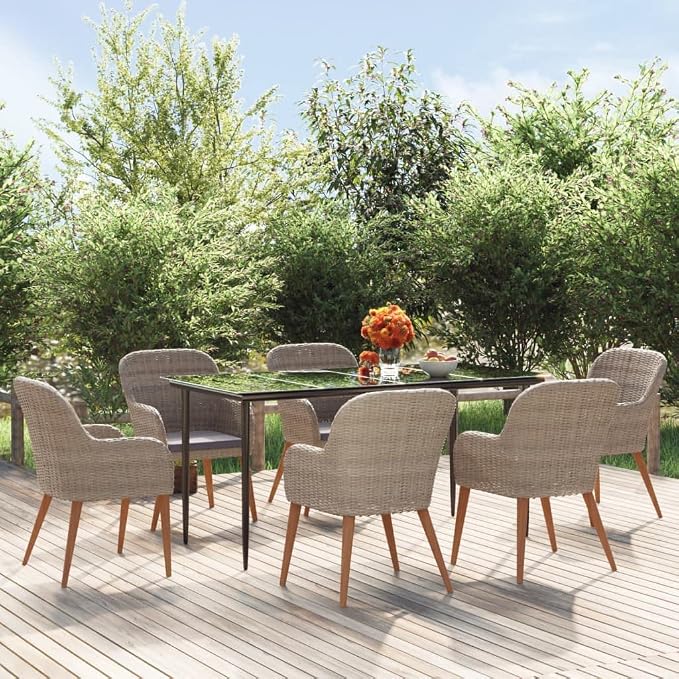 7 Piece Patio Dining Set with Cushions Brown Acacia Wood Outdoor Table and Chairs for Patio Garden Backyard Powder Coated Steel Tempered Glass