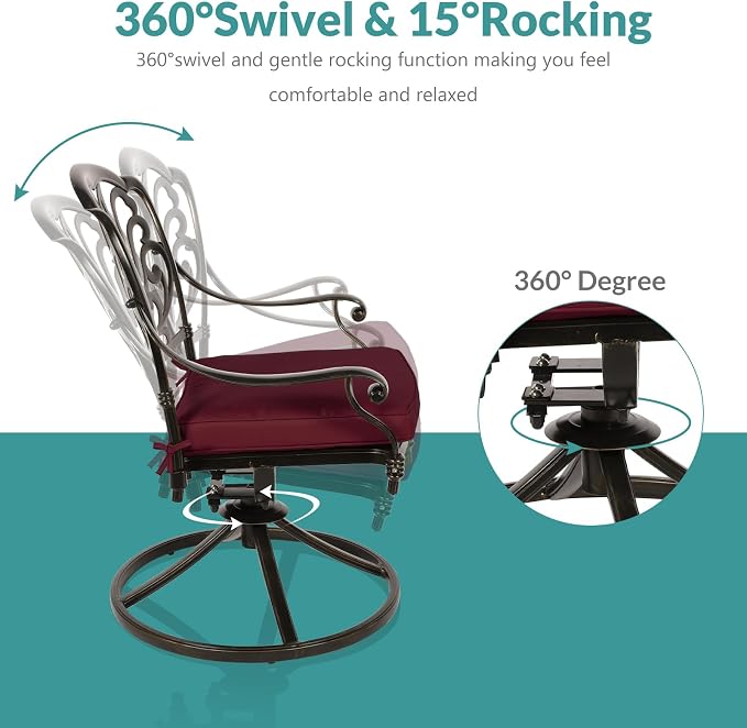 MEETWARM 9-Piece Outdoor Patio Dining Set, All-Weather Cast Aluminum Patio Conversation Set for Backyard Garden Deck with 8 Cushioned Swivel Rocker Chairs, 1 Oval Table, 2" Umbrella Hole, Chili Red
