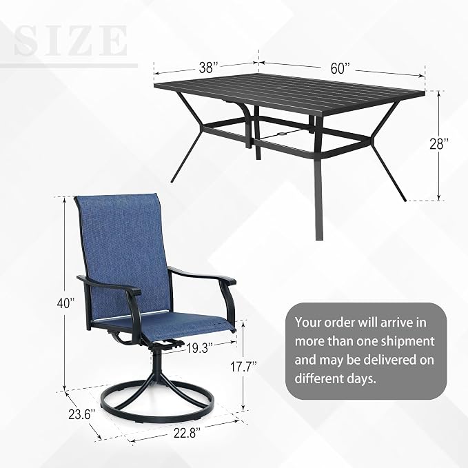 Anmutig 7-Piece Outdoor Patio Dining Set, 6 Patio Dining Chairs & 1 Rectangle Outdoor Dining Table with 1.6"/1.9" Umbrella Hole Blue