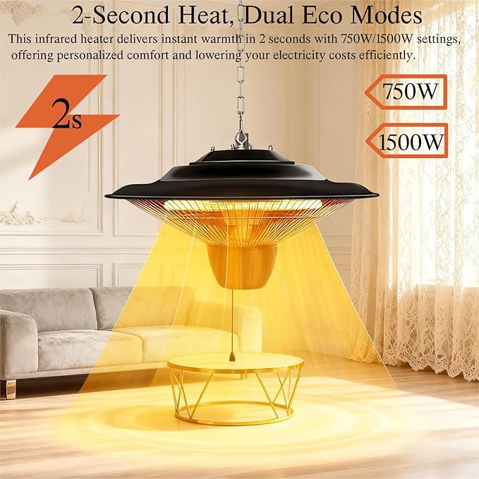 Hanging Infrared Electric Heater, 1500W Ceiling Mounted Heater Outdoor Indoor, IP34 Waterproof & Quiet Fanless, Tip-over/Overheat Protection for Patio, Garage, Gazebo, Home Use