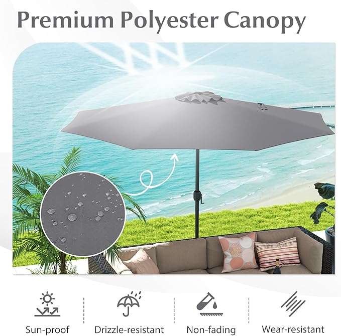 HAPPYGRILL 12 FT Patio Umbrella with Crank Handle, Outdoor Market Umbrella with 8 Sturdy Ribs, Vented Large Table Umbrella, Sun-Protective Canopy for Garden Backyard Deck Pool
