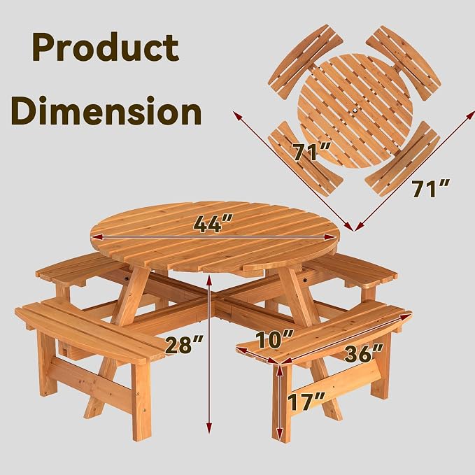 HAPPYGRILL 8-Person Wood Picnic Table Bench Set, Round Camping Table w/Umbrella Hole, Circular Outdoor Table w/4 Built-in Curved Benches, for Patio, Garden, Backyard, Porch (Yellow)