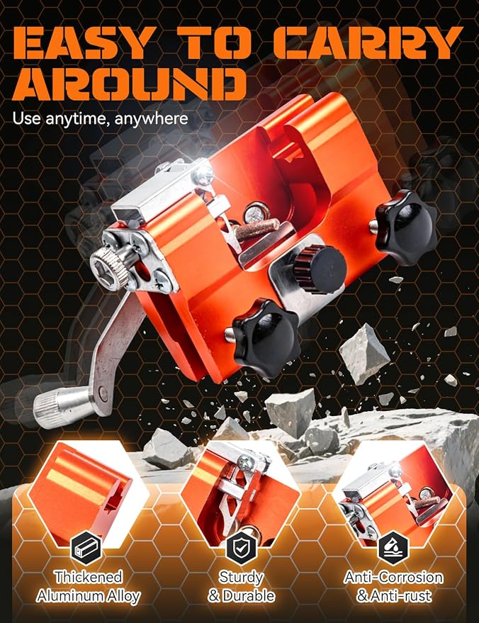 Chainsaw Sharpener Tool, Hand Crank Chain Saw Sharpener with 30° Angle Guide & Adjustable Clamp, Portable Chainsaw Kit for 4-22" Chains Gas & Electric Chainsaws (Orange-Big+5 Head)