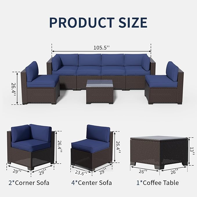 7 Piece Patio Furniture Set, Wicker Patio Conversation Sets, Outdoor Sectional Furniture with Tempered Glass Table, for Backyard, Deck, Garden, Dark Brown Rattan & Dark Blue Cushions