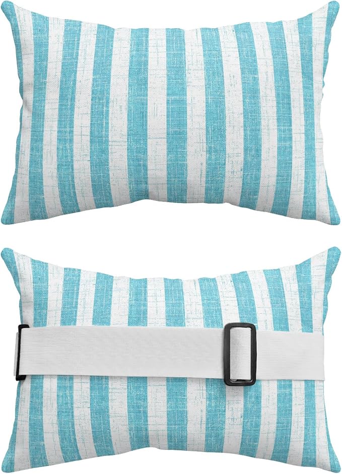 Outdoor Pillows with Insert 2 Pack-12"x20" Teal Stripes Head Pillow for Pool Lounger and Office Chair Modern Farmhouse Linen Texture Lumbar Pillow with Adjustable Strap