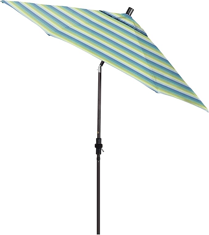 California Umbrella 9' Round Crank Lift, Collar Tilt, Aluminum Pole, Fiberglass Rib Patio Umbrella, Bronze Finish, Sunbrella Seville Seaside