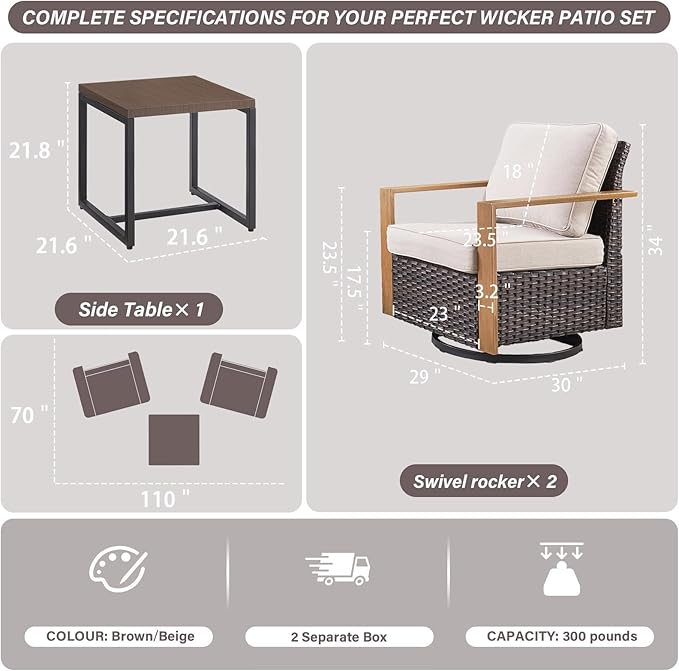 Belord Outdoor Swivel Rocker Chairs Set of 2 with Metal Wide Armrests, 3 Piece Patio Bistro Wicker Chairs with Side Table, Comfort Glider Furniture for Porch, Deck, Sunroom, Backyard