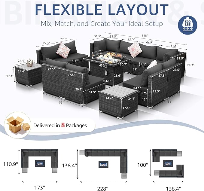 NICESOUL 13 Piece Outdoor Sectional Furniture with Firepit, Contemporary Back Yard Fireplace w/Seating Area, Plus Size 29.3'' High Back Patio Set, All-Weather Wicker Couch for Exterior, Dark Gray