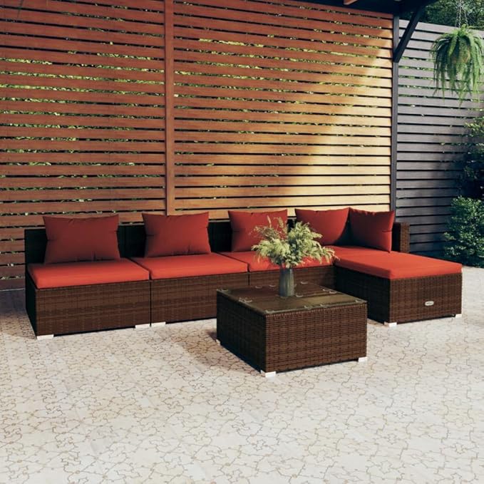 6 Piece Patio Lounge Set with Cushion, Piece Patio Set Outdoor Patio Sectional Furniture Conversation Sets Patio Lounge Set s Poly Rattan Brown