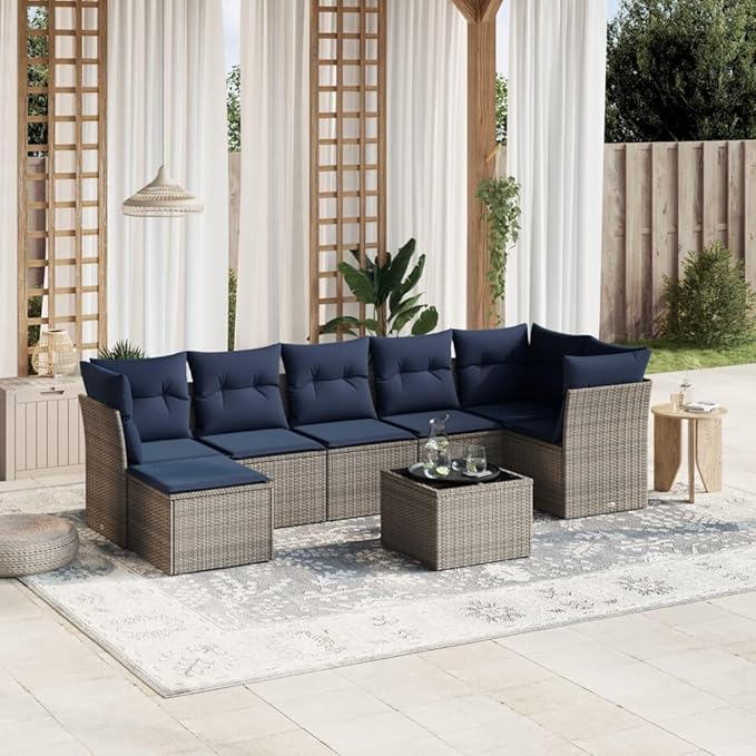 vidaXL Patio Sofa Set with Cushions 8 Piece, Outdoor Conversation Set, Sectional Sofa for Balcony Garden, Modern Style, Gray Poly Rattan