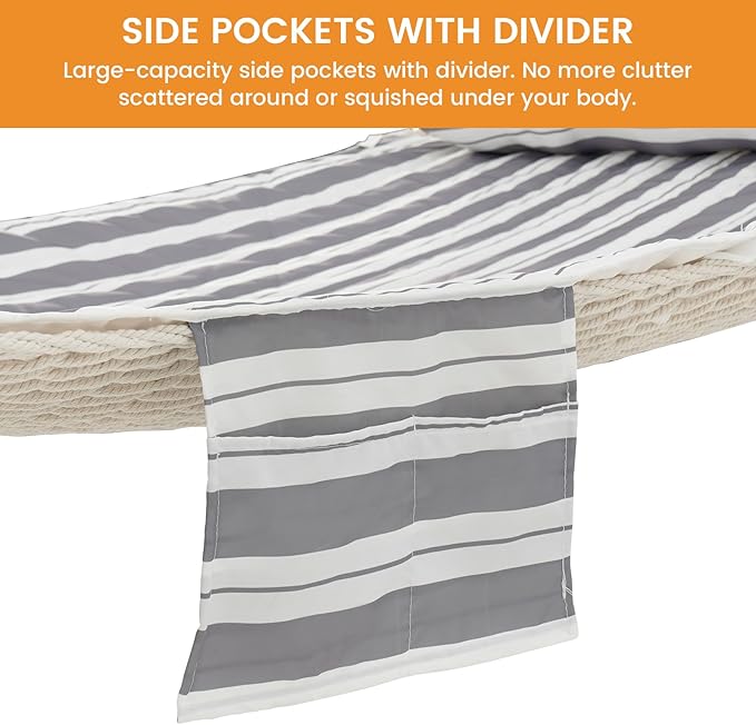 Lazy Daze Hammocks 2 Person Hammock Pad and Pillow Set, Double Polyester Quilted 78" x55" Replacement Pad for Rope Hammock, Light Grey Stripes