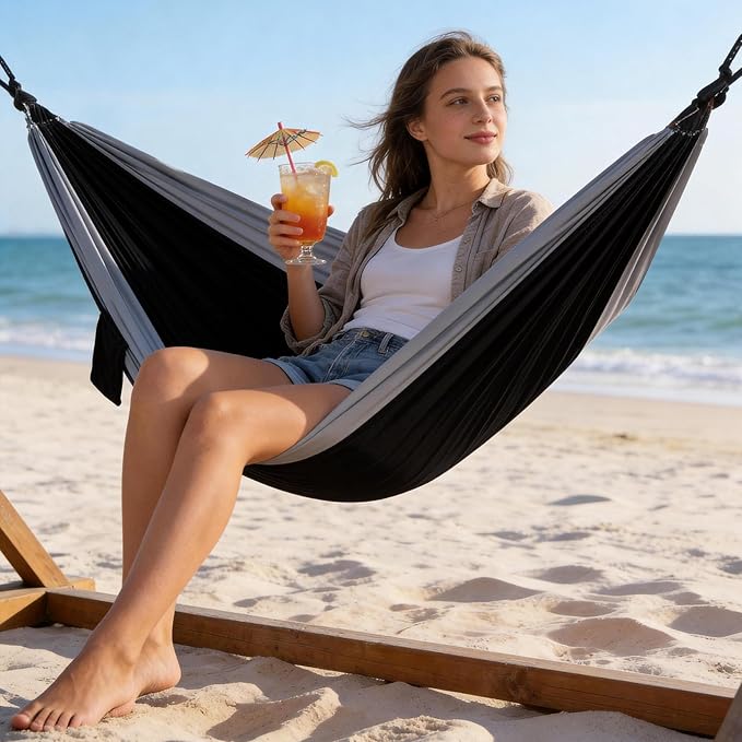 PeakPursuit Camping Double Hammock, Portable Hammock with Tree Straps, Tree Hammocks, Perfect for Outside Indoor Hiking Beach Backpack Travel, Black