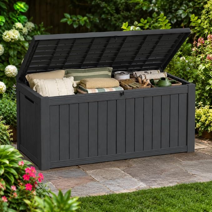 Outdoor Deck Patio Storage Box - 170 Gallon Large Outdoor Deck Box, Plastic Storage Bin with Lid, Outside Toy Box & Pool Storage Container for Cushions, Garden Tools, Towel, Black