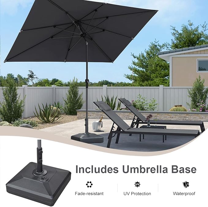 PURPLE LEAF 10' x 6.5' Rectangle Patio Market Umbrella with Base Outdoor Table Umbrellas Aluminum Frame Sun Shade with 8 Sturdy Ribs Tilt for Garden Deck Lawn Pool Light Gray