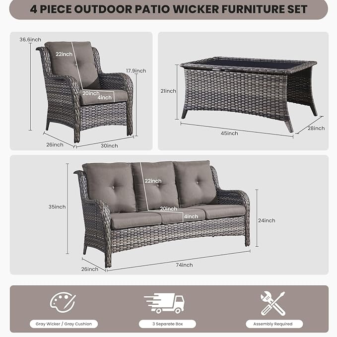 Belord Patio Wicker Furniture 4 Pieces Outdoor Furniture Set Patio Sofa Set with Wicker Chairs and Coffee Table, Paito Conversation Set for Porch Garden Deck Balcony Poolside