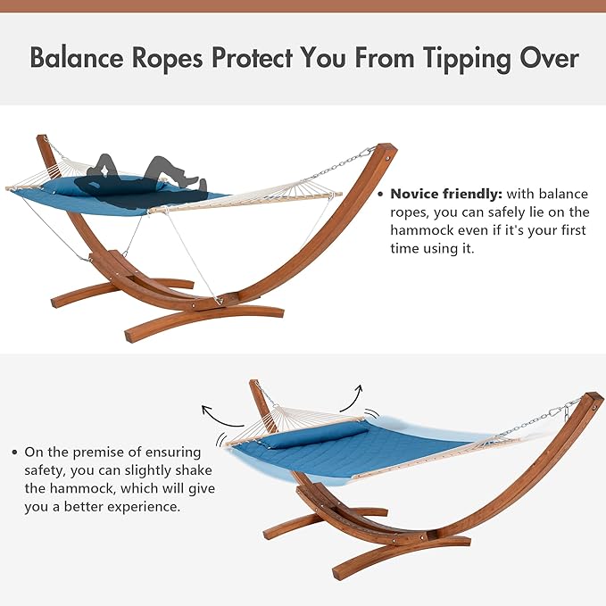 ANOW 13.5FT Curved Wood Hammock Stand Only, Heavy Duty Larch Wood Hammock Arc Stand with 2 Chains, 4 Carabiners and 4 Balance Ropes, 400 LBS Weight Capacity