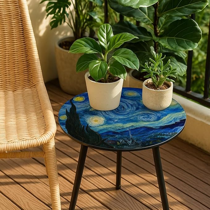 Outdoor Side Table Set of 2 Patio Side Tables for Outside Black End Tables Small Outdoor Table Round Patio End Table Metal Side Table Outside, Indoor, Bedroom, Living Room, Small Spaces, Starry Sky