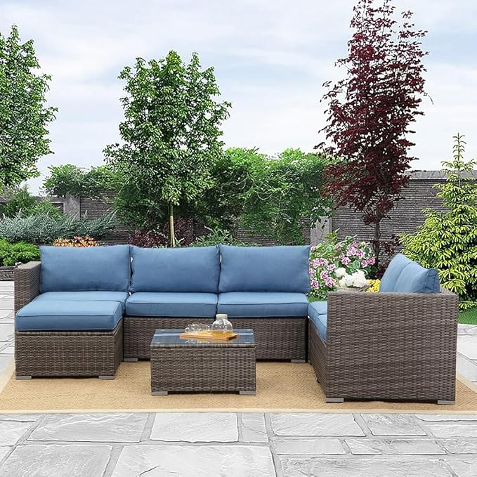 Wisteria Lane 7 Pieces Patio Furniture Sets, Outdoor Sectional Sofa with Tempered Glass Coffee Table, PE Rattan Wicker Patio Conversation Set with Ottoman and Cushions, Blue