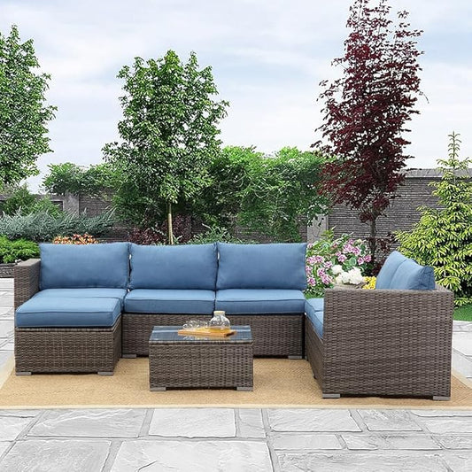 Wisteria Lane 7 Pieces Patio Furniture Sets, Outdoor Sectional Sofa with Tempered Glass Coffee Table, PE Rattan Wicker Patio Conversation Set with Ottoman and Cushions, Blue