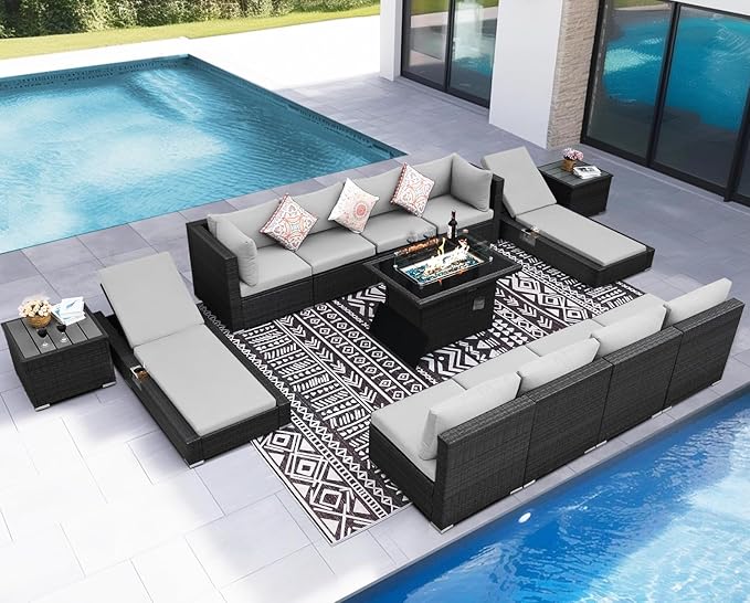 NICESOUL 13 Piece Outdoor Sectional w/Fire Pit Table, Luxury Modular Patio Furniture Set w/Chaise Lounge, Plus 29.3'' High-Back Seating Sofa, All-Weather Deck Couch for Poolside, Yard, Light Grey