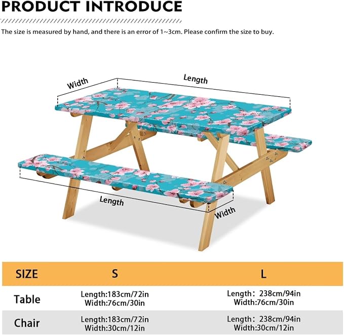 Cherry Blossom Table Cover with Bench Covers Washable Rectangle Table Cover Outdoor Patio Camping Essentials Picnic Table and Chair Decorative Cover Suitable for Thanksgiving