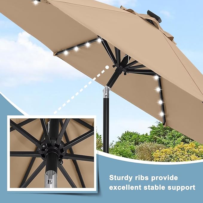 ABCCANOPY 7.5FT Durable Solar Led Patio Umbrellas with 24LED Lights (Khaki)