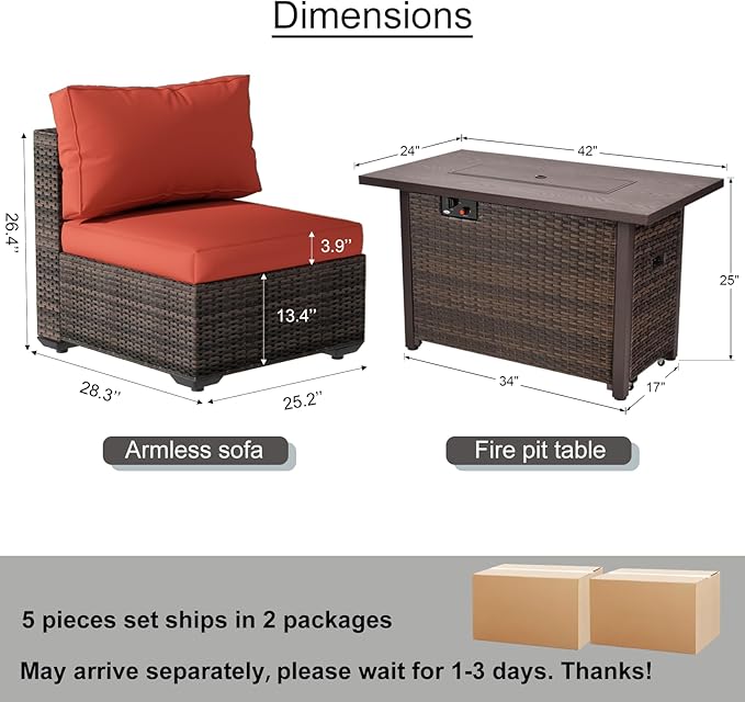 Patio Furniture Set with Fire Pit Table, Outdoor Sectional Rattan Sofa Set, Patio Set Seating Furniture with Thickened Cushions (Red, 9 Pieces)