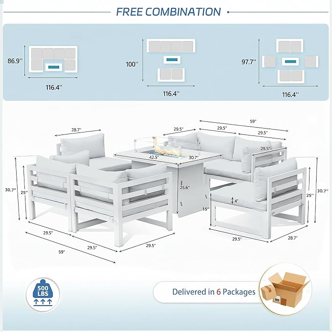NICESOUL 7 Piece Luxury Aluminum Outdoor Sectional Sofa with Fire Pit Table, Oversized L Shaped Patio Furniture Set, 29" Deep Wide Seating, 500 lbs Heavy Duty Conversation Set for Backyard, Light Grey