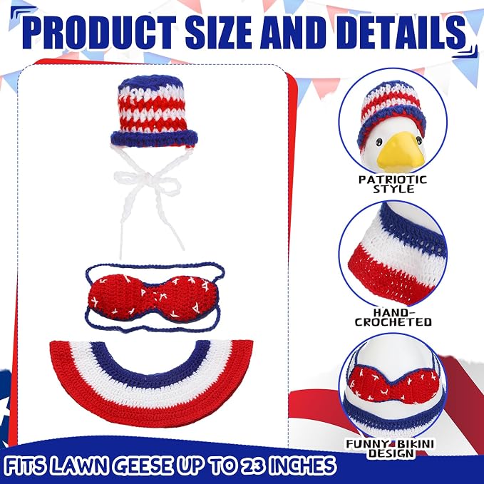 Abbylike 4th of July Bikini Porch Goose Outfit Patriotic Crochet Clothes Red White Blue Geese Summer Costume Fits 23'' Cement Statue for Independence Day Lawn 250th Outdoor Patio Art Decor