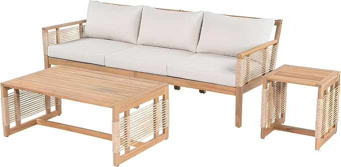 3-Piece Patio Conversation Set, All Weather Acacia Wood 3-Seater Sofa with Cushions, 2 Coffee Tables and Woven Rope Accents, Outdoor Furniture Set for Garden, Backyard, Poolside