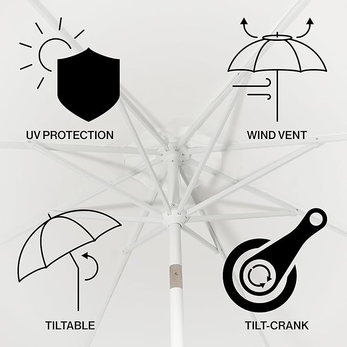 JONATHAN Y Baiona 9 ft. White/Cream Outdoor Patio Umbrella with Crank Lift and Tilt, 8 Ribs UV-Resistant Market Table Umbrella with Square Trim for Pool, Deck, Coastal, White Pole UMB1000B