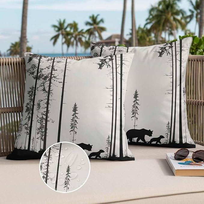 Abstract Outdoor Waterproof Throw Pillow Covers Set of 2, 20"x20", Animal Bear Family Forest Trees Silhouette Decorative Pillow Covers Outside Cushion Case for Patio Porch Garden