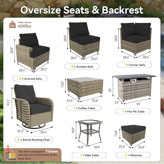 LET'S PATIO Luxury Patio Furniture Set with Fire Pit Table, 13 Piece Outdoor Furniture Set with Swivel Rocker Chairs & Ottomans, All-Weather Patio Sectional Sofas with Thickened Cushions, Black