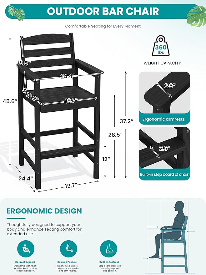 SERWALL Tall Adirondack Chairs Set of 2, Balcony Adirondack Chairs Set, Outdoor Bar Height Widened Chair Set for Bistro, Poolside, Garden, Black