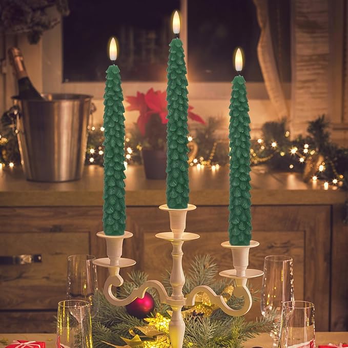 DRomance Christmas Tree Flameless Taper Candles Battery Operated with 10-Key Remote and Cycle Timer 4 Pack Real Wax 3D Wick Flickering LED Candlesticks Holiday Decor(Green, 0.79 x 9.9 Inch)