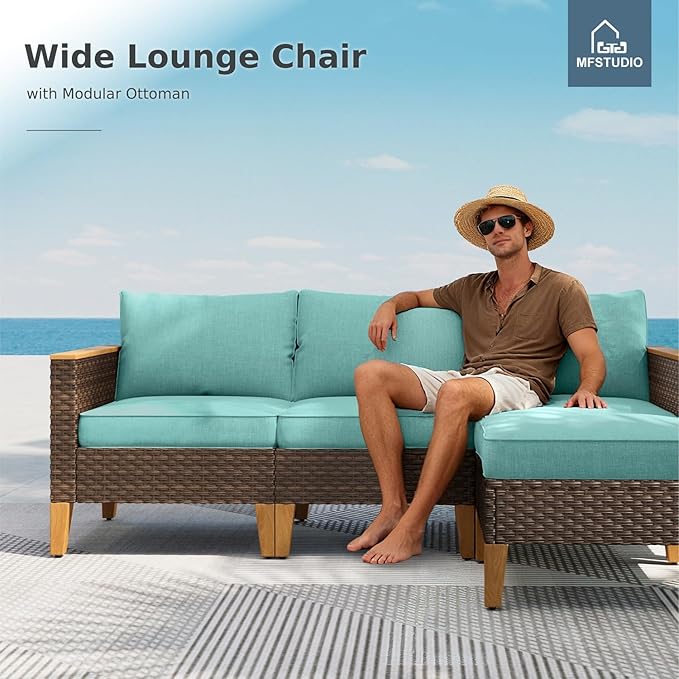 MFSTUDIO 9 Piece Wicker Patio Furniture Set with Fire Pit Table, 2 x Single Chair, 2 x Ottoman, Loveseat Sofa, 3-Seat Sofa, Outdoor Rattan Patio Conversation Set for Garden(Aqua Blue Cushions)