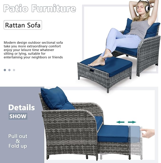 5 Pcs Outdoor Patio Chair with Ottomans, PE Wicker Rattan Patio Conversation Furniture Set, Space Saving Design Outdoor Chairs with Ottomans Set for Balcony Poolside Front Porch Deck, Blue